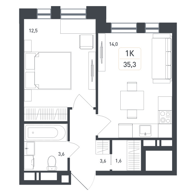 1 комн. квартира, 35.3 м², 4 этаж 
