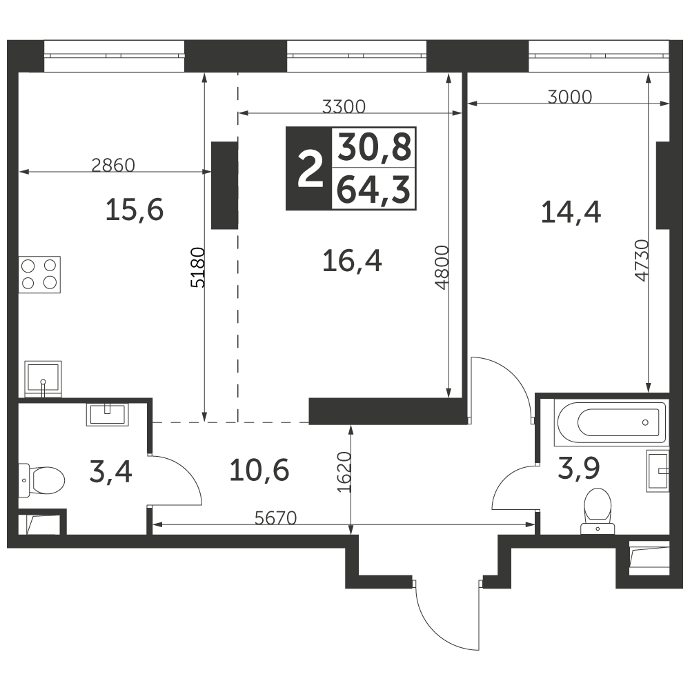 2 комн. квартира, 64.3 м², 47 этаж 