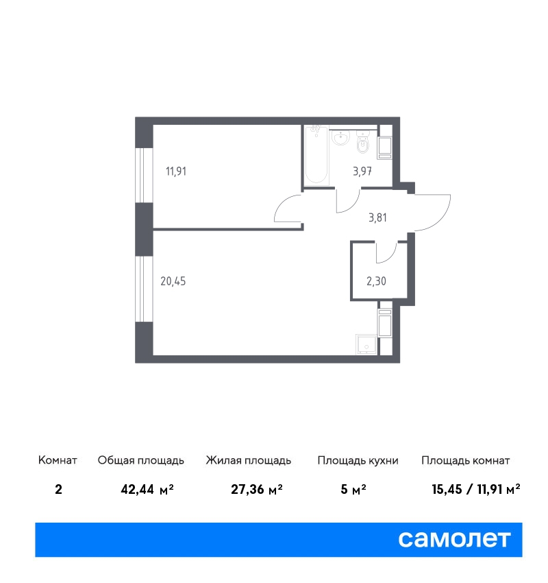1 комн. квартира, 42.4 м², 8 этаж  (из 24)