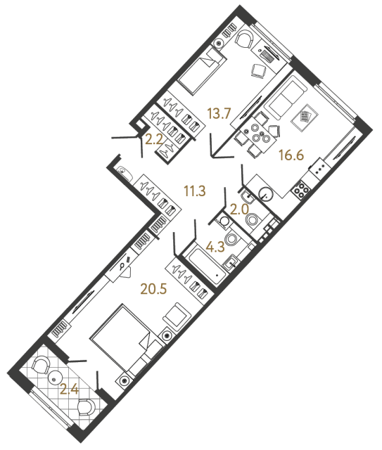 2 комн. квартира, 70.6 м², 4 этаж 