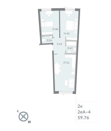 2 комн. квартира, 59.8 м², 2 этаж 