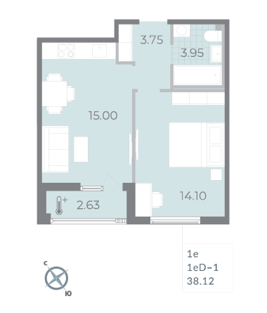 1 комн. квартира, 38.1 м², 15 этаж 