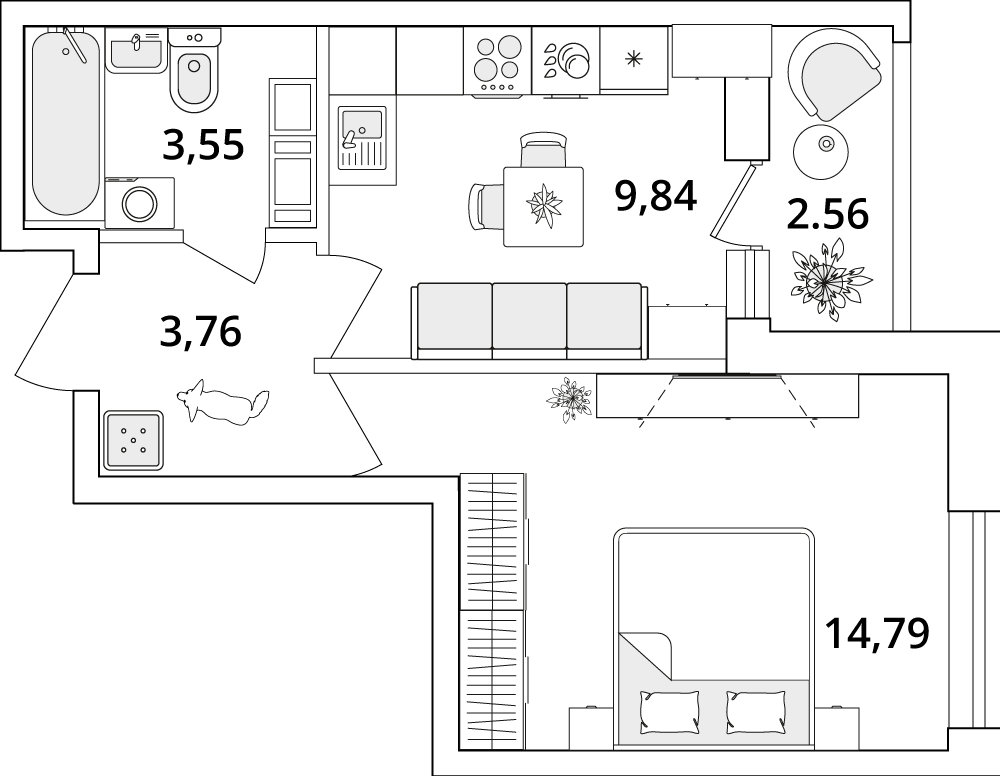 1 комн. квартира, 33.2 м², 14 этаж 