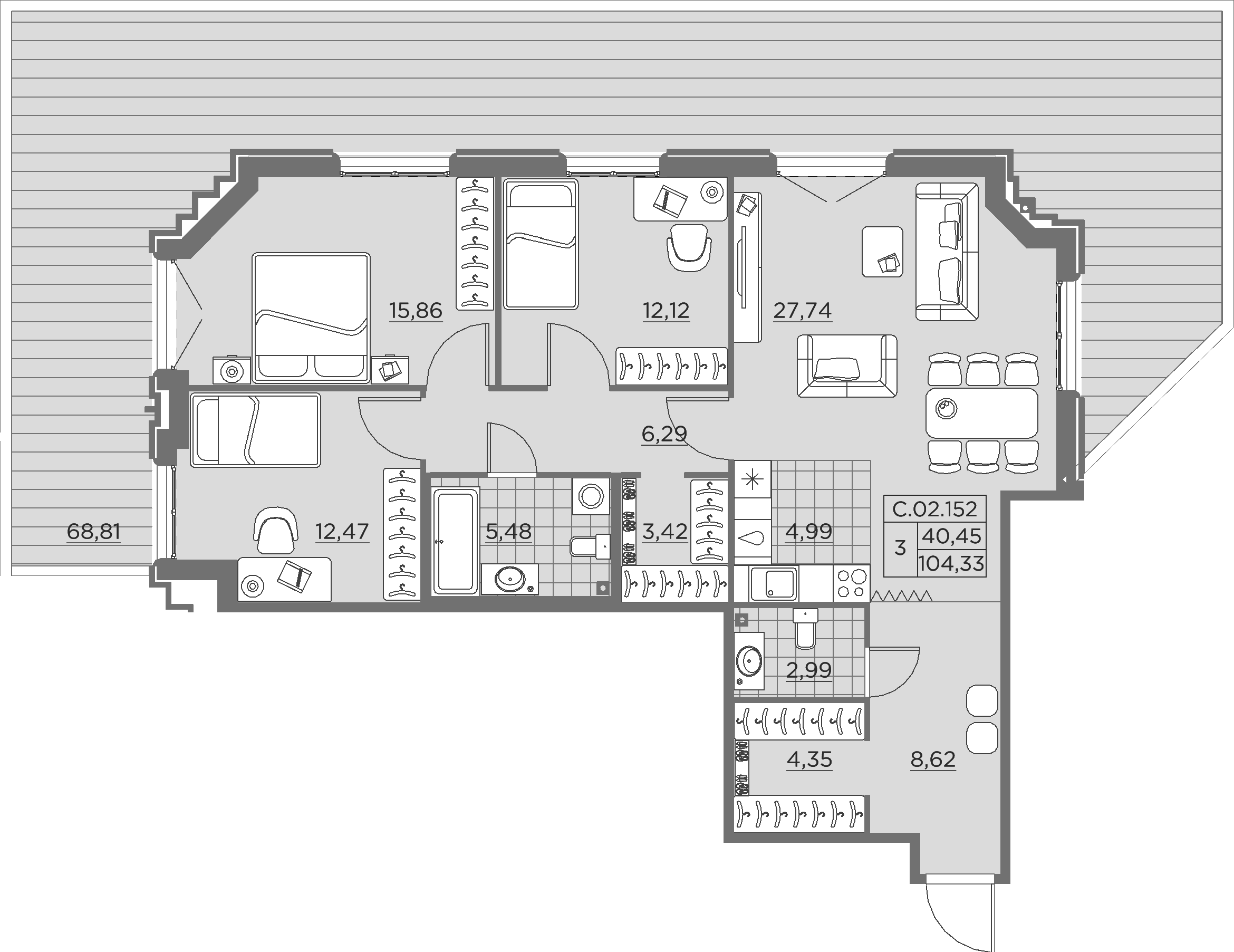 3 комн. квартира, 124.8 м², 2 этаж 