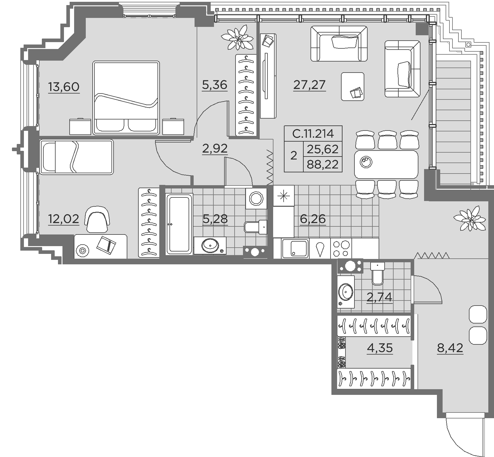 2 комн. квартира, 89.4 м², 11 этаж 