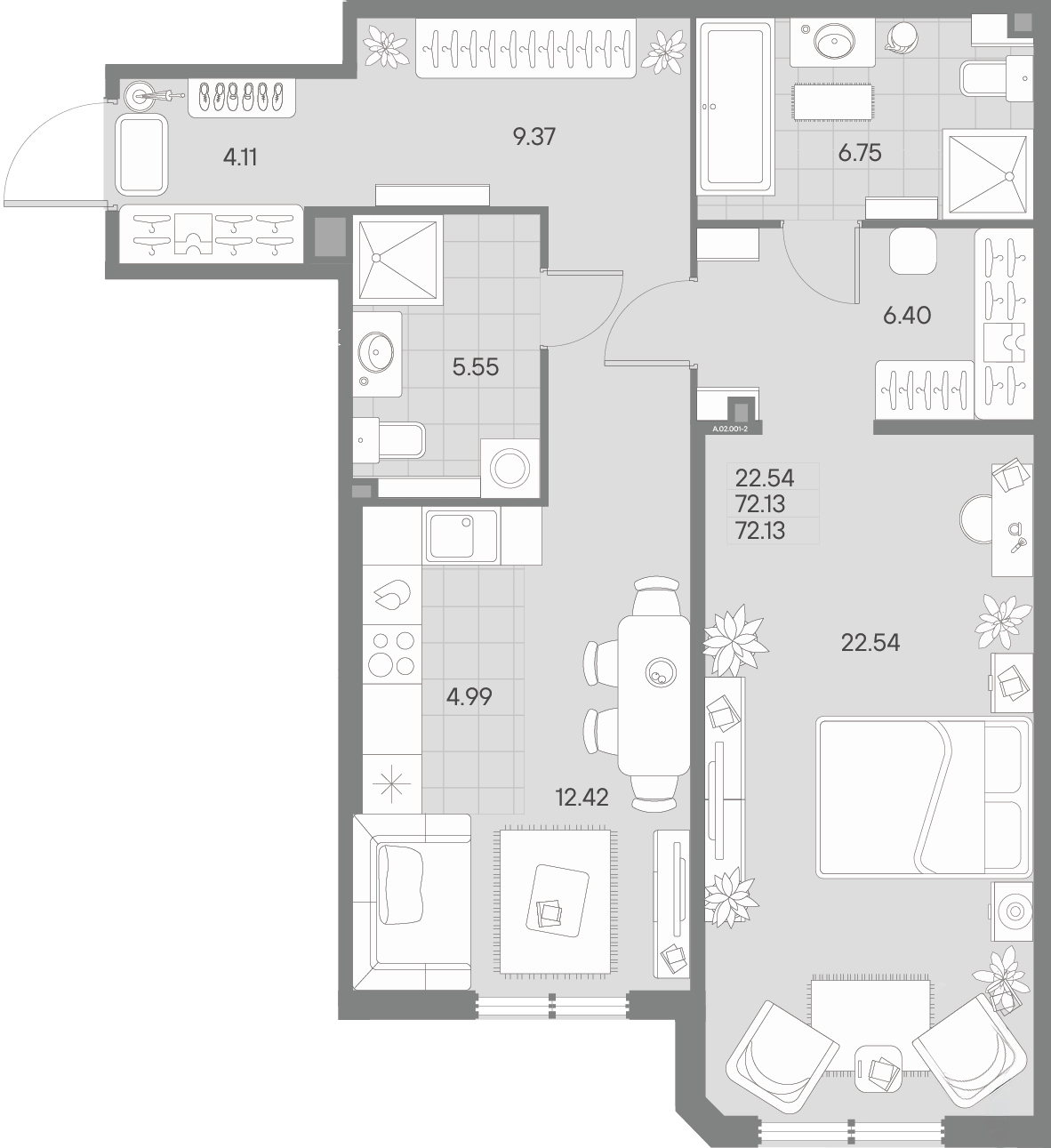 1 комн. квартира, 72.1 м², 2 этаж 