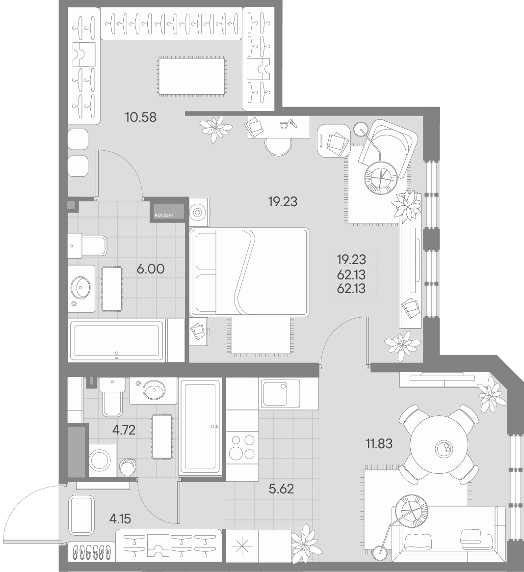 1 комн. квартира, 62.1 м², 5 этаж 