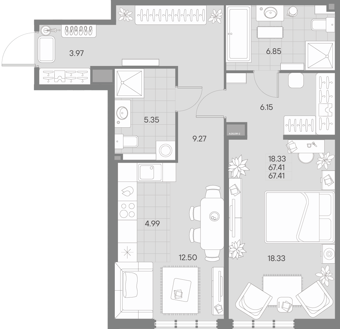 1 комн. квартира, 67.4 м², 5 этаж 