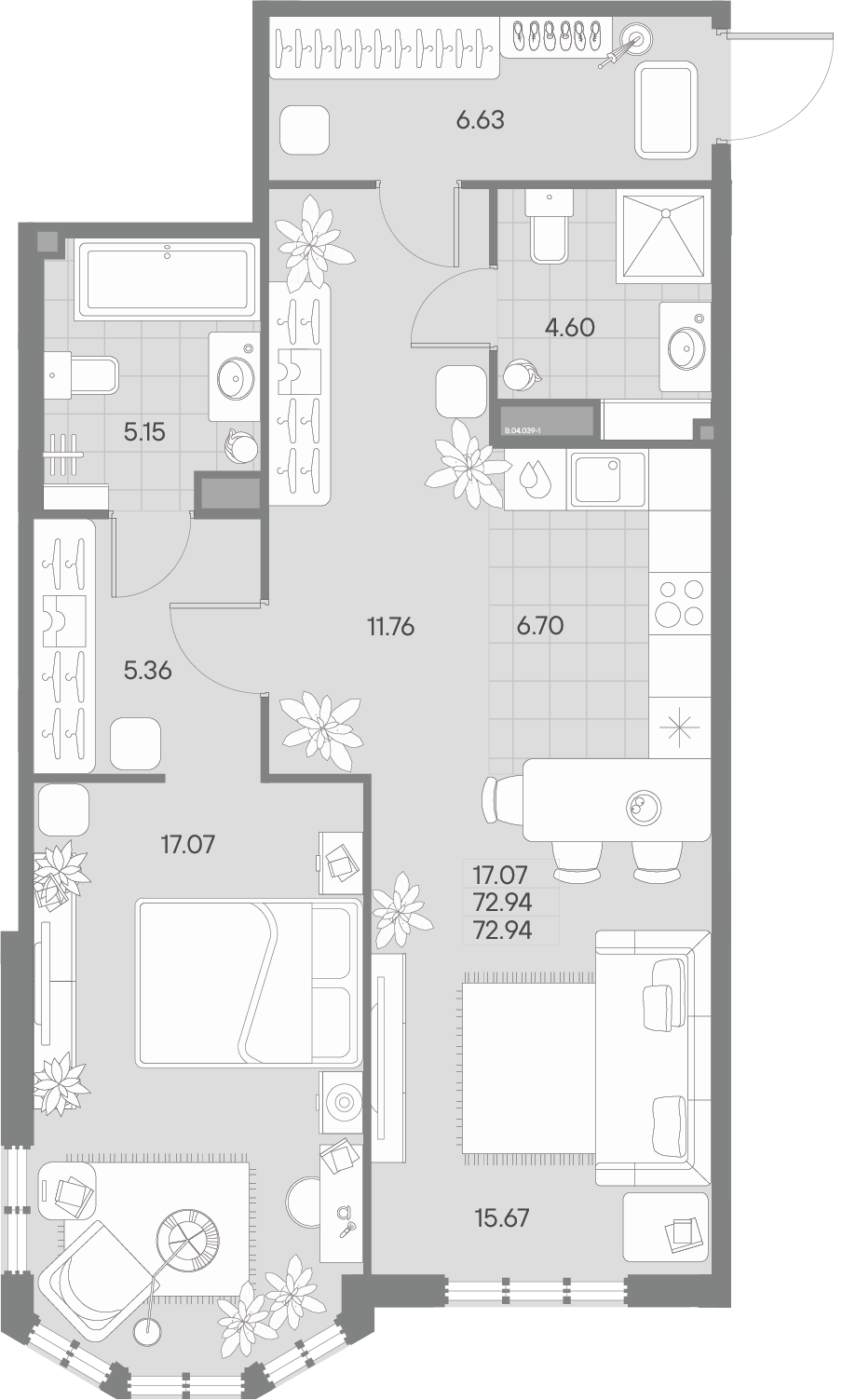 1 комн. квартира, 72.9 м², 4 этаж 