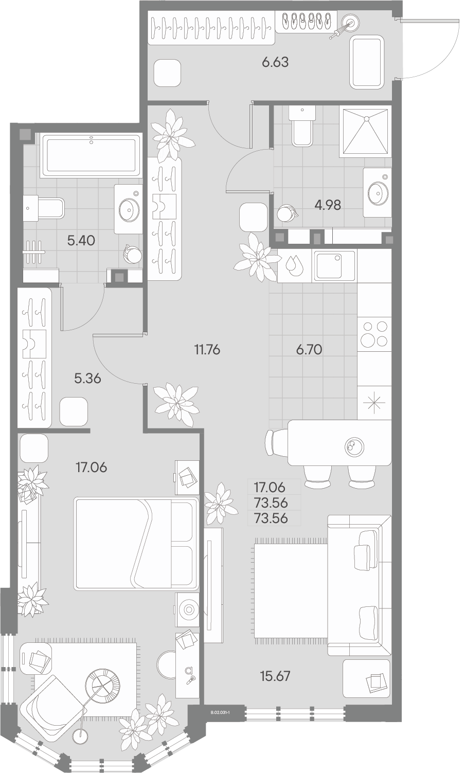 1 комн. квартира, 73.6 м², 2 этаж 
