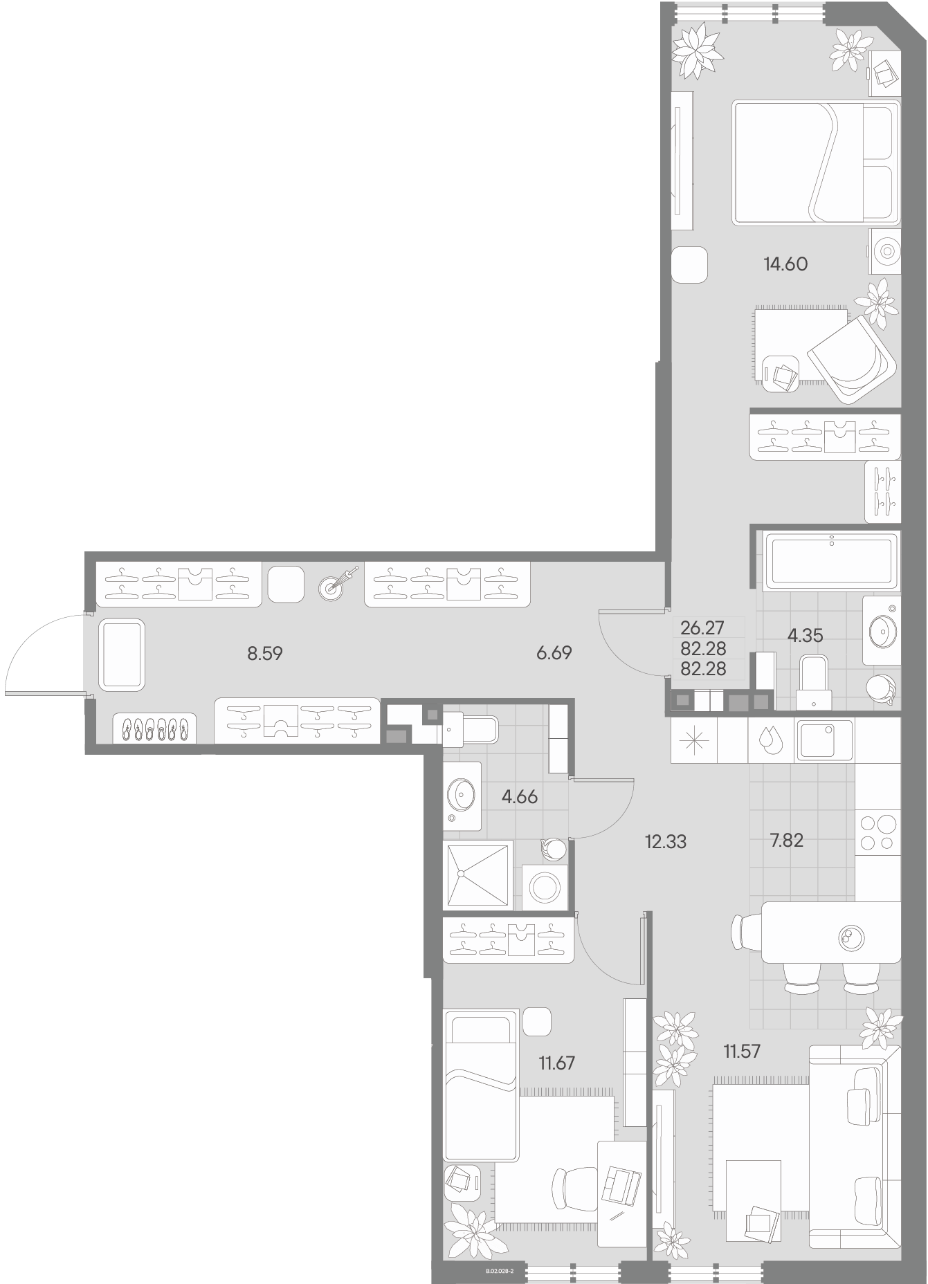 2 комн. квартира, 82.3 м², 2 этаж 