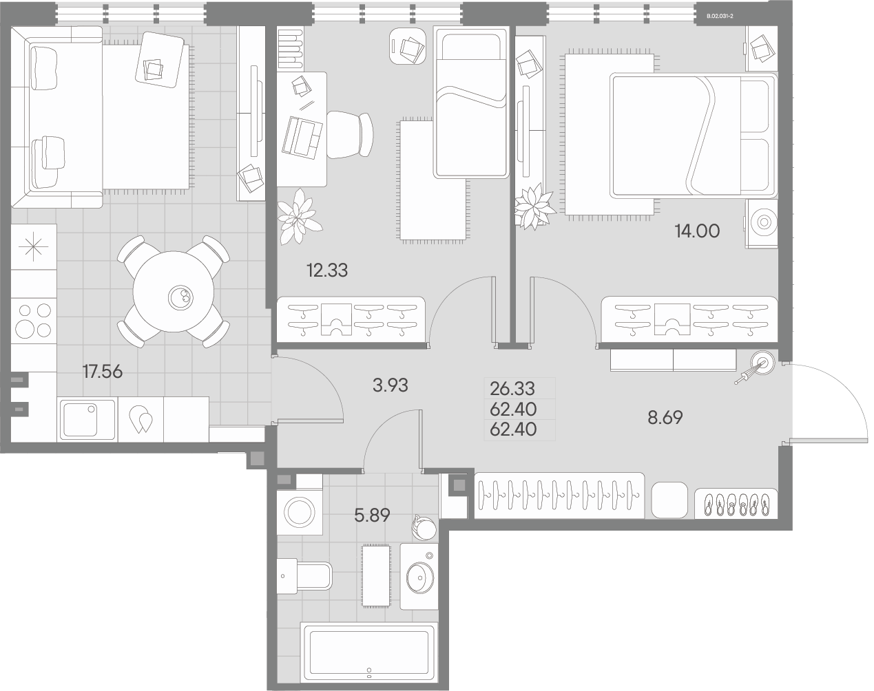 2 комн. квартира, 62.4 м², 2 этаж 