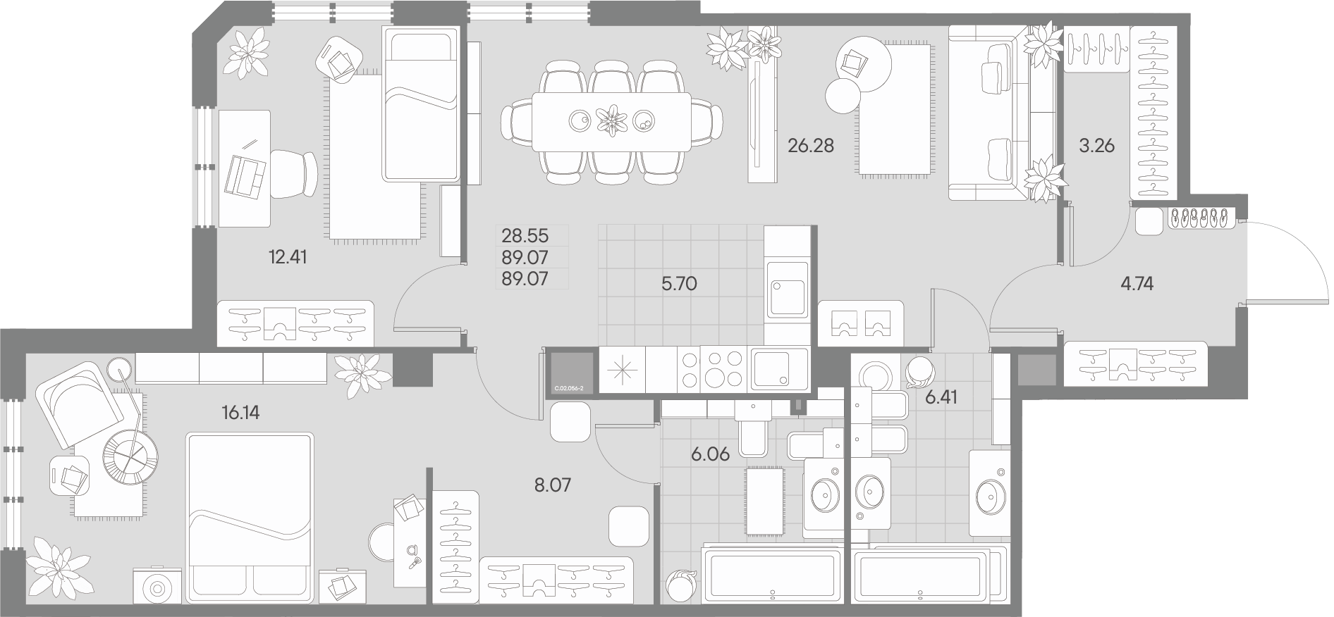 2 комн. квартира, 89.1 м², 2 этаж 