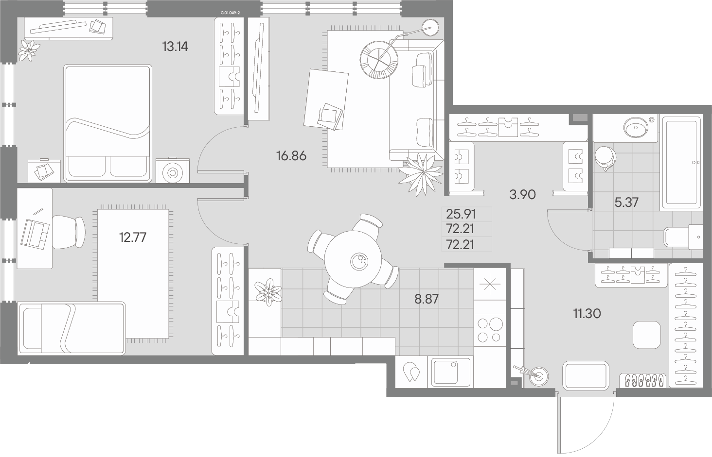 2 комн. квартира, 72.2 м², 1 этаж 