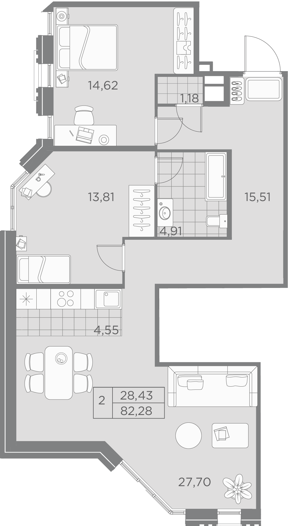 2 комн. квартира, 82.3 м², 2 этаж 