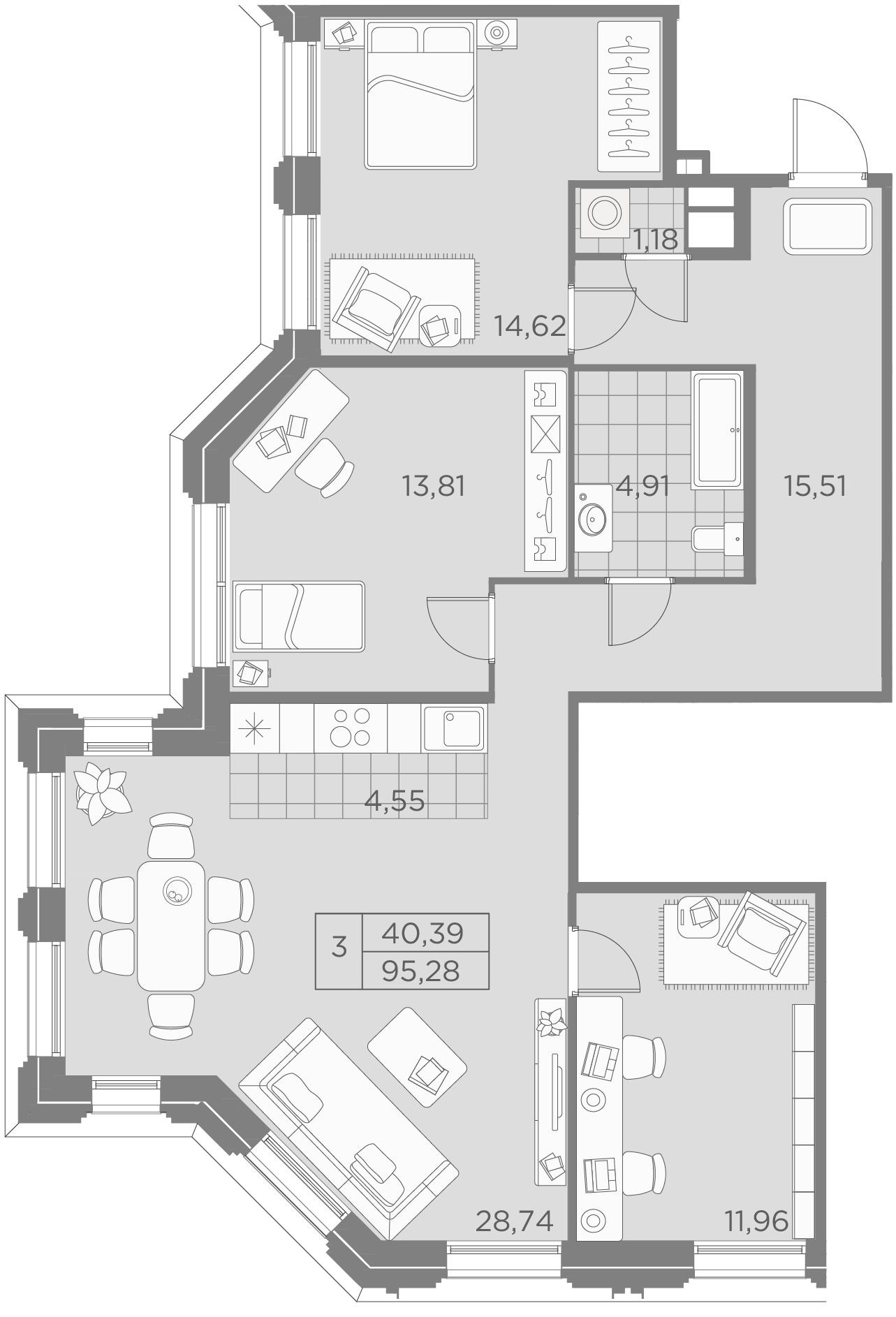 3 комн. квартира, 95.3 м², 3 этаж 