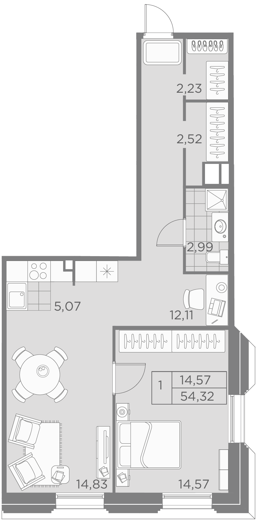 1 комн. квартира, 54.3 м², 7 этаж 