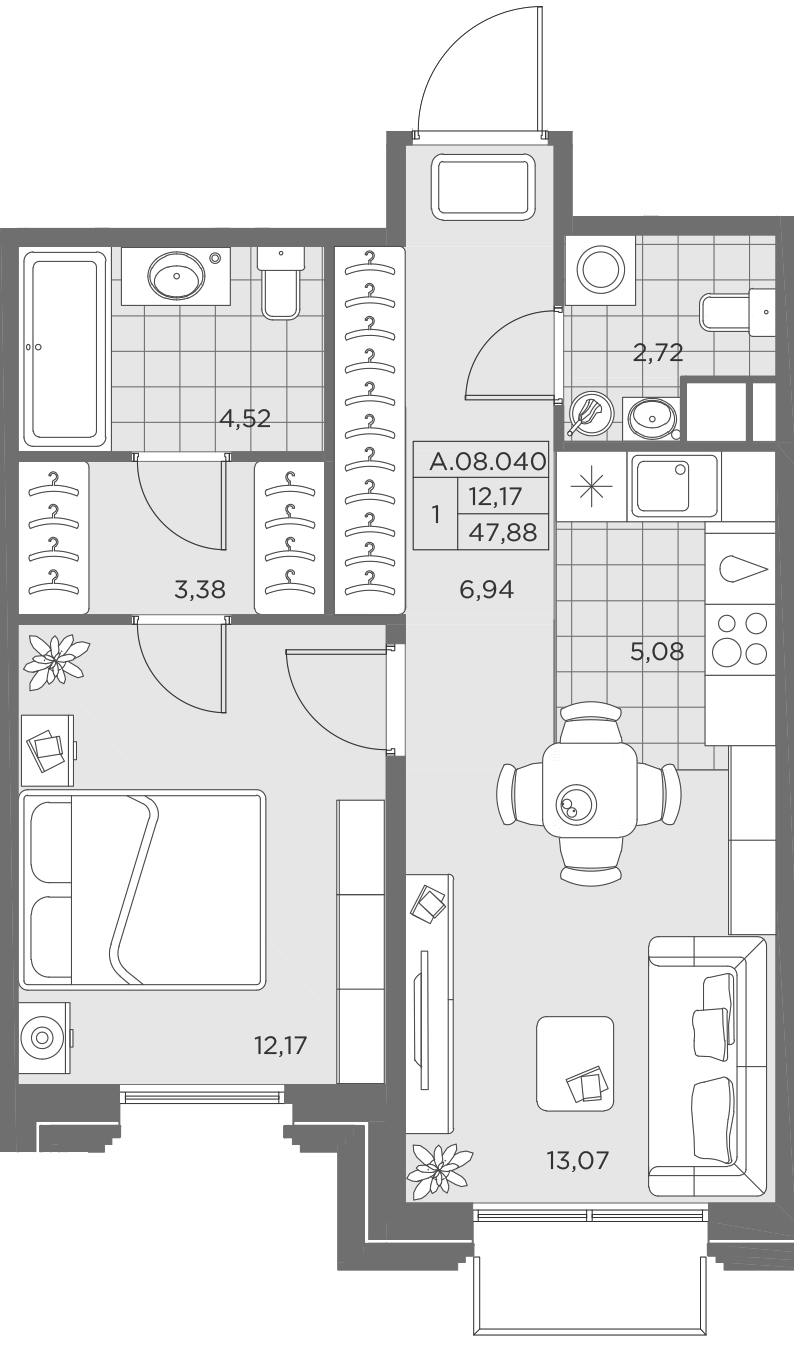 1 комн. квартира, 48.2 м², 8 этаж 