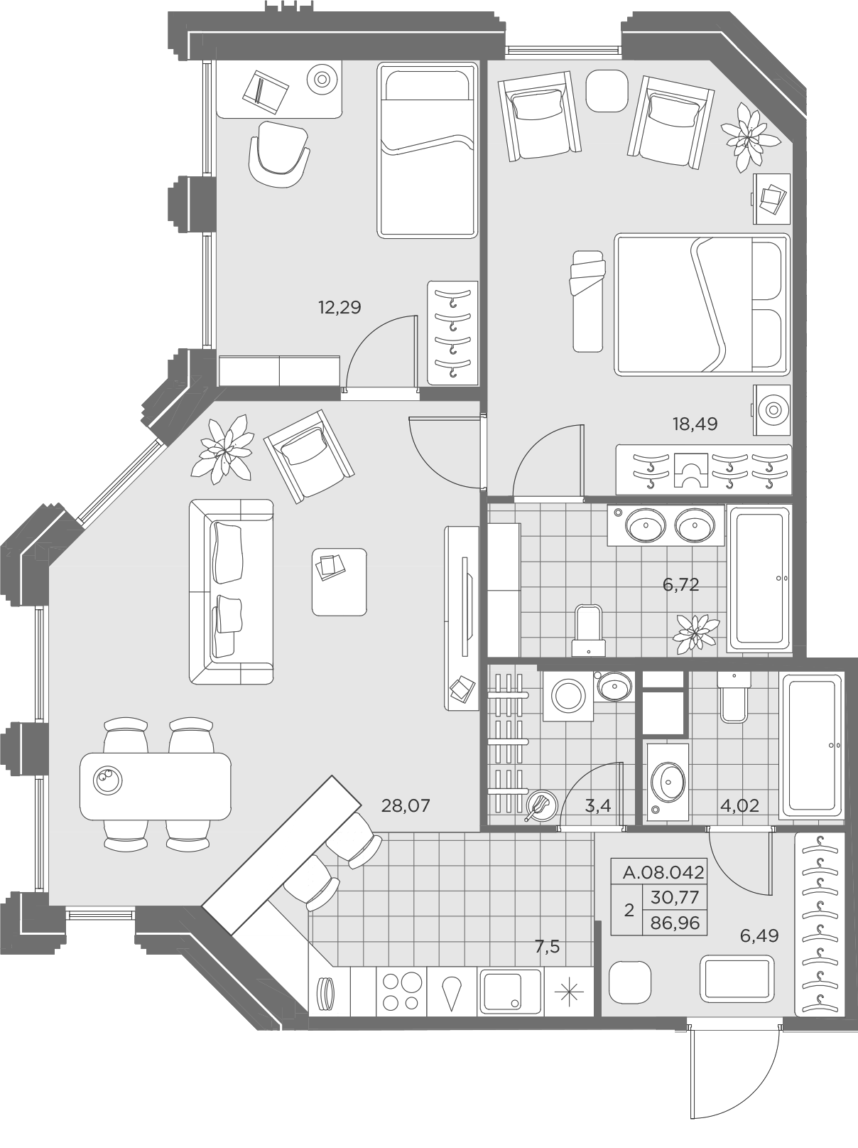 2 комн. квартира, 87.3 м², 8 этаж 