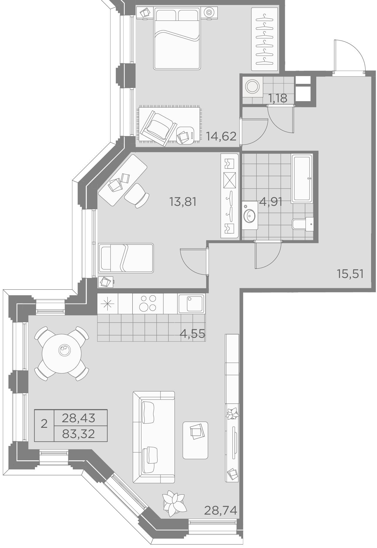 2 комн. квартира, 83.3 м², 4 этаж 