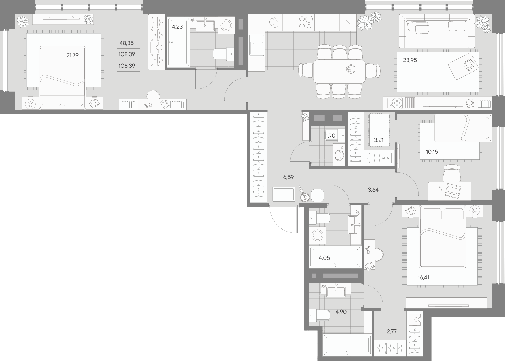 3 комн. квартира, 108.4 м², 5 этаж 
