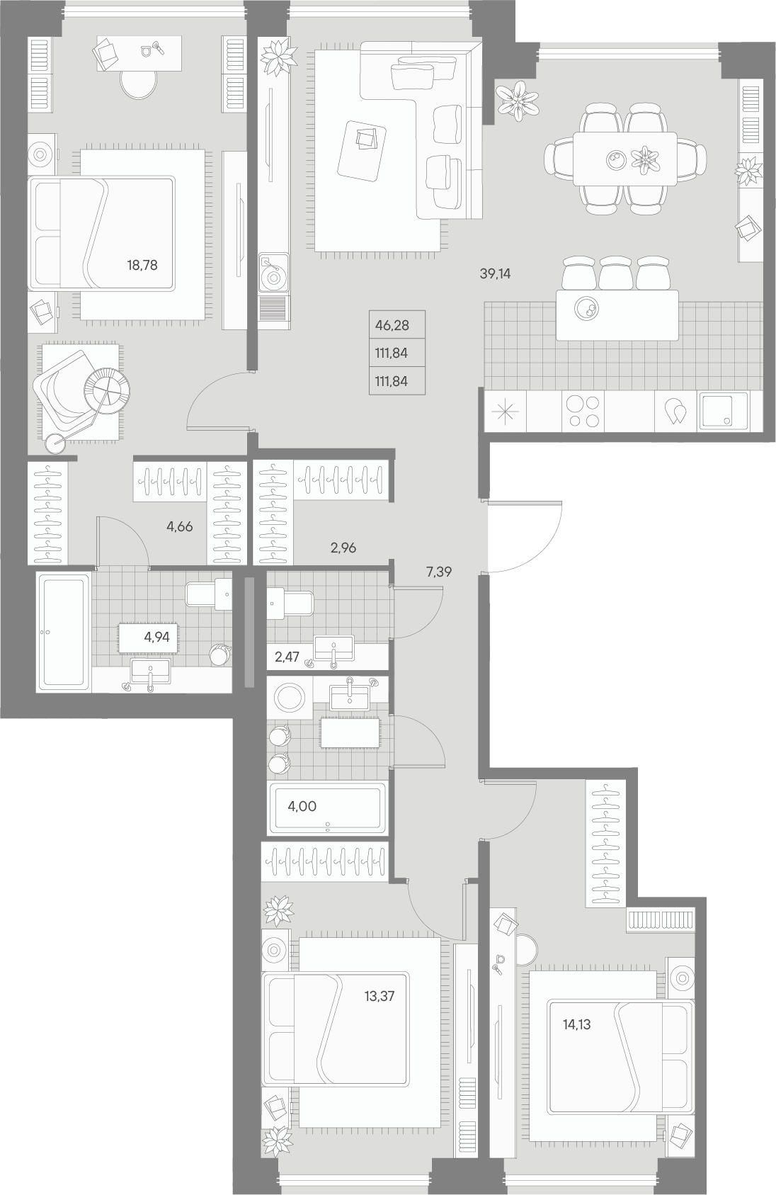 3 комн. квартира, 111.8 м², 3 этаж 