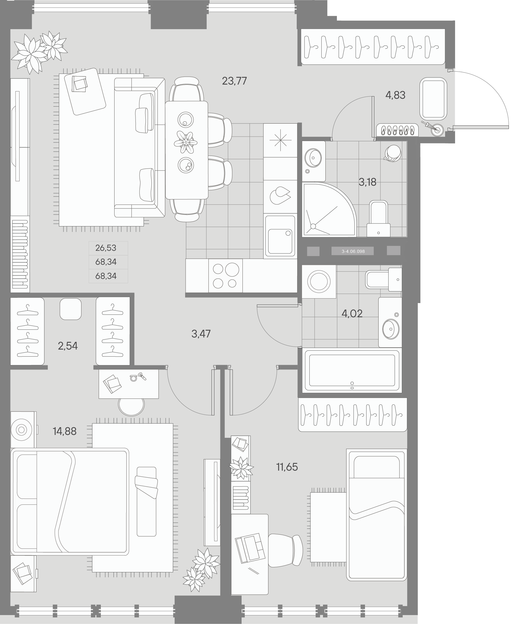 2 комн. квартира, 68.3 м², 6 этаж 