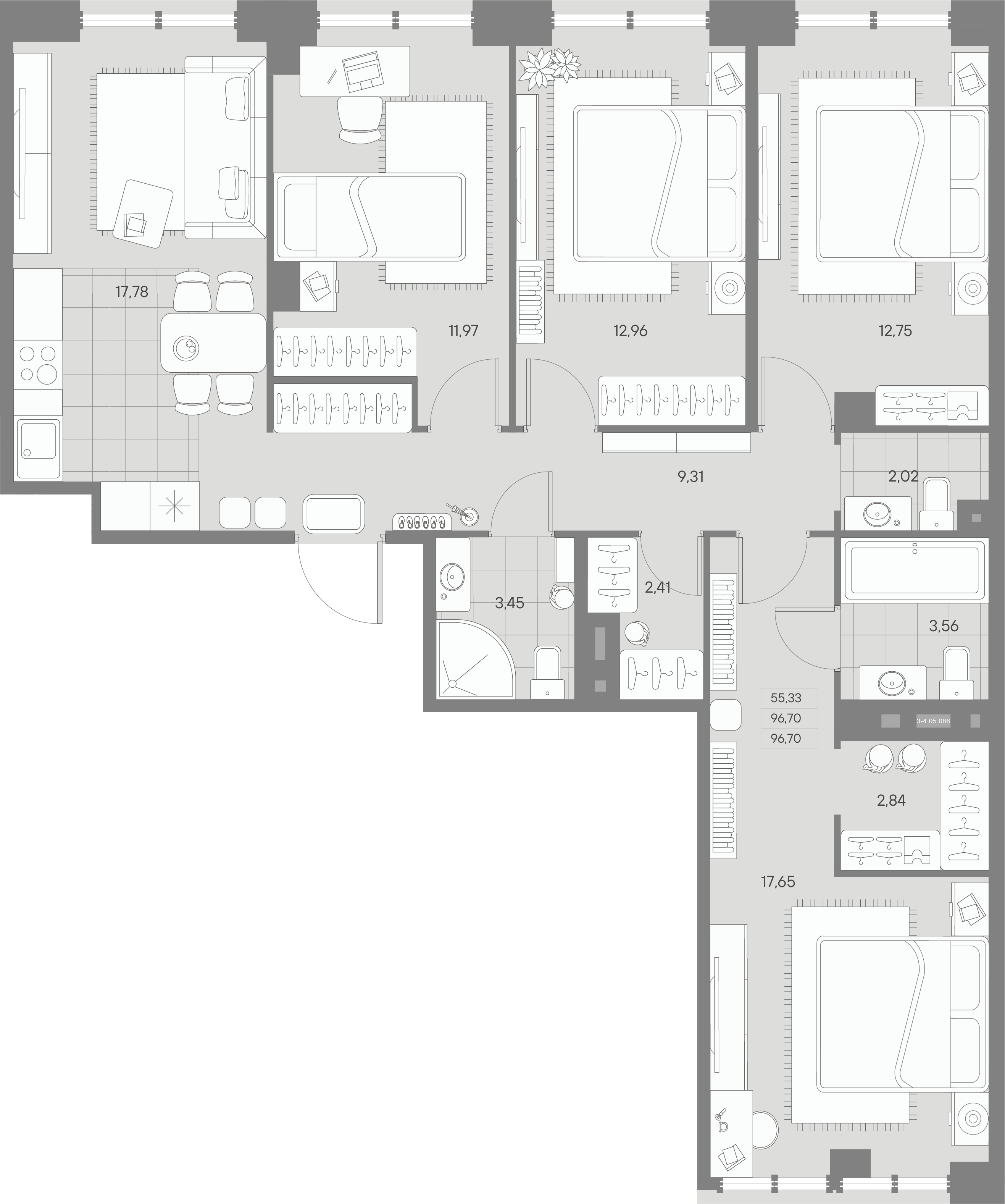 4 комн. квартира, 96.7 м², 5 этаж 
