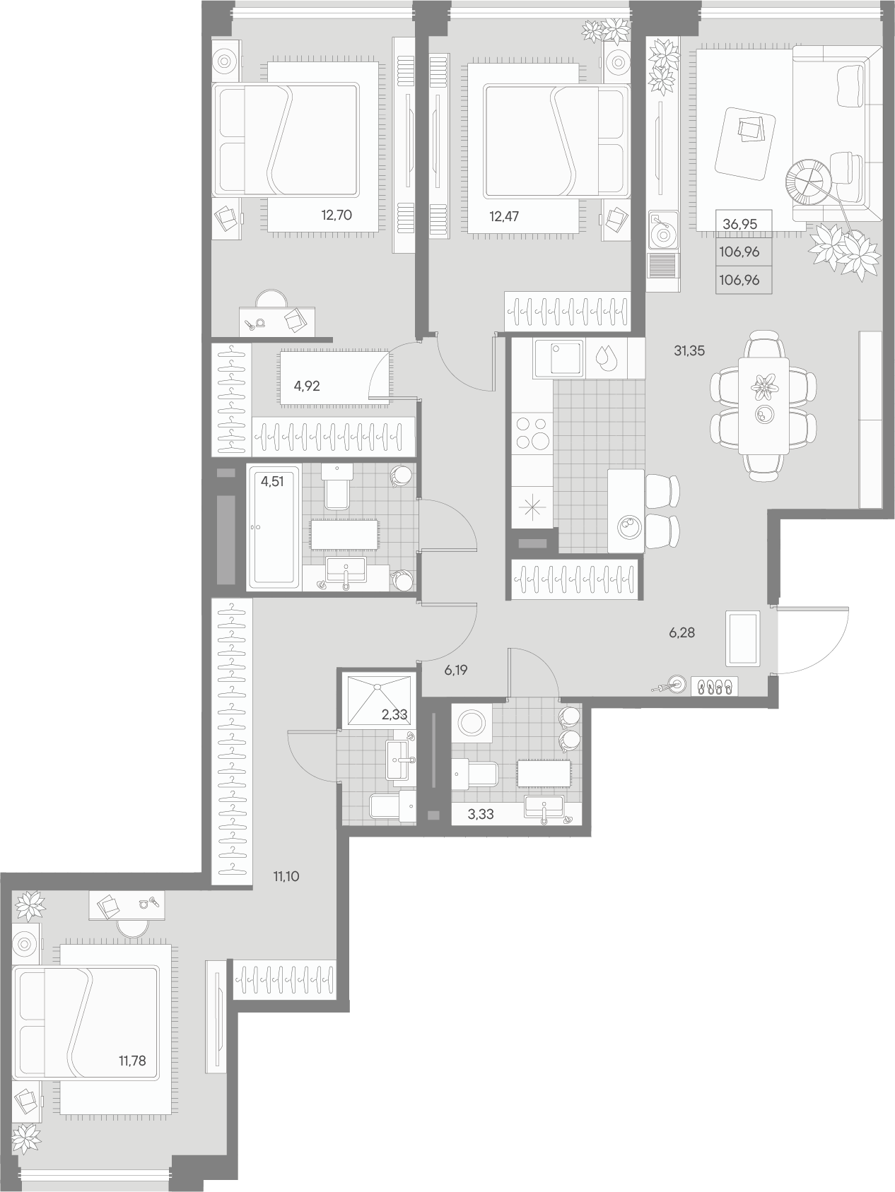 3 комн. квартира, 107 м², 7 этаж 