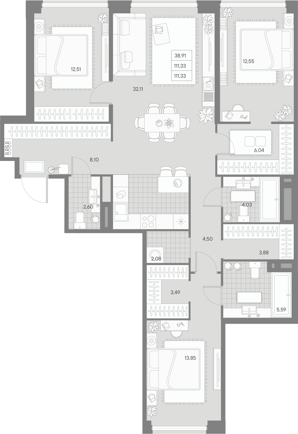 3 комн. квартира, 111.3 м², 3 этаж 