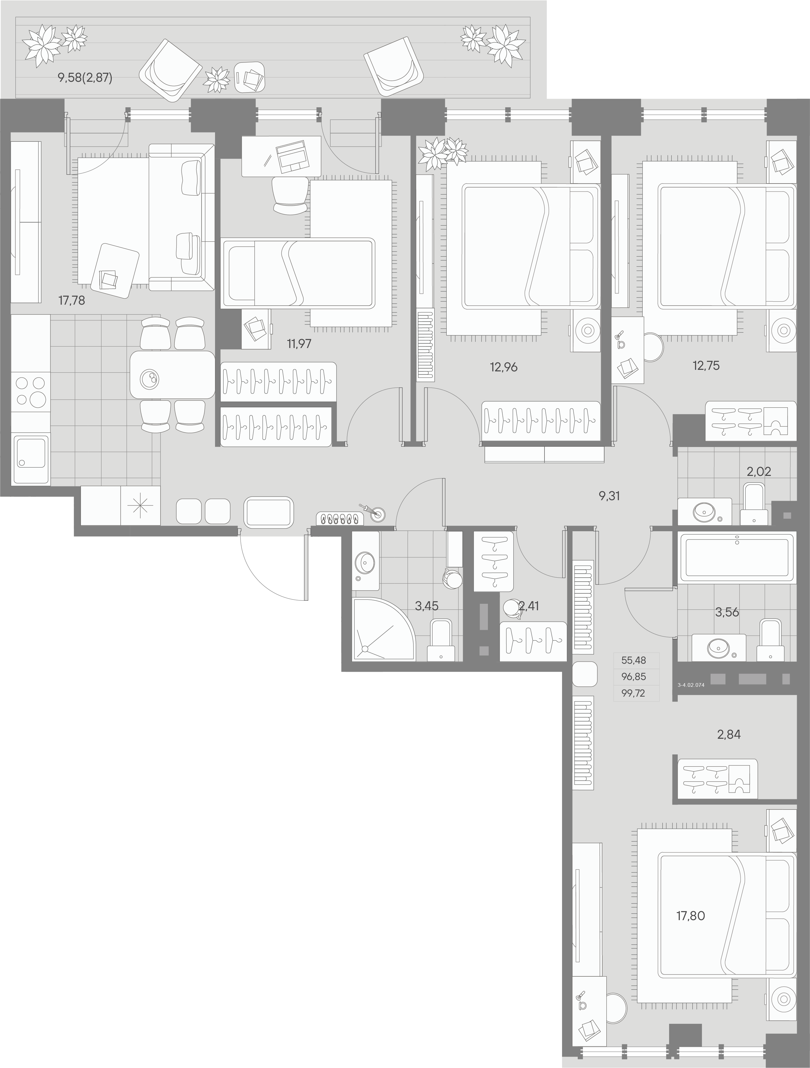 4 комн. квартира, 99.7 м², 2 этаж 