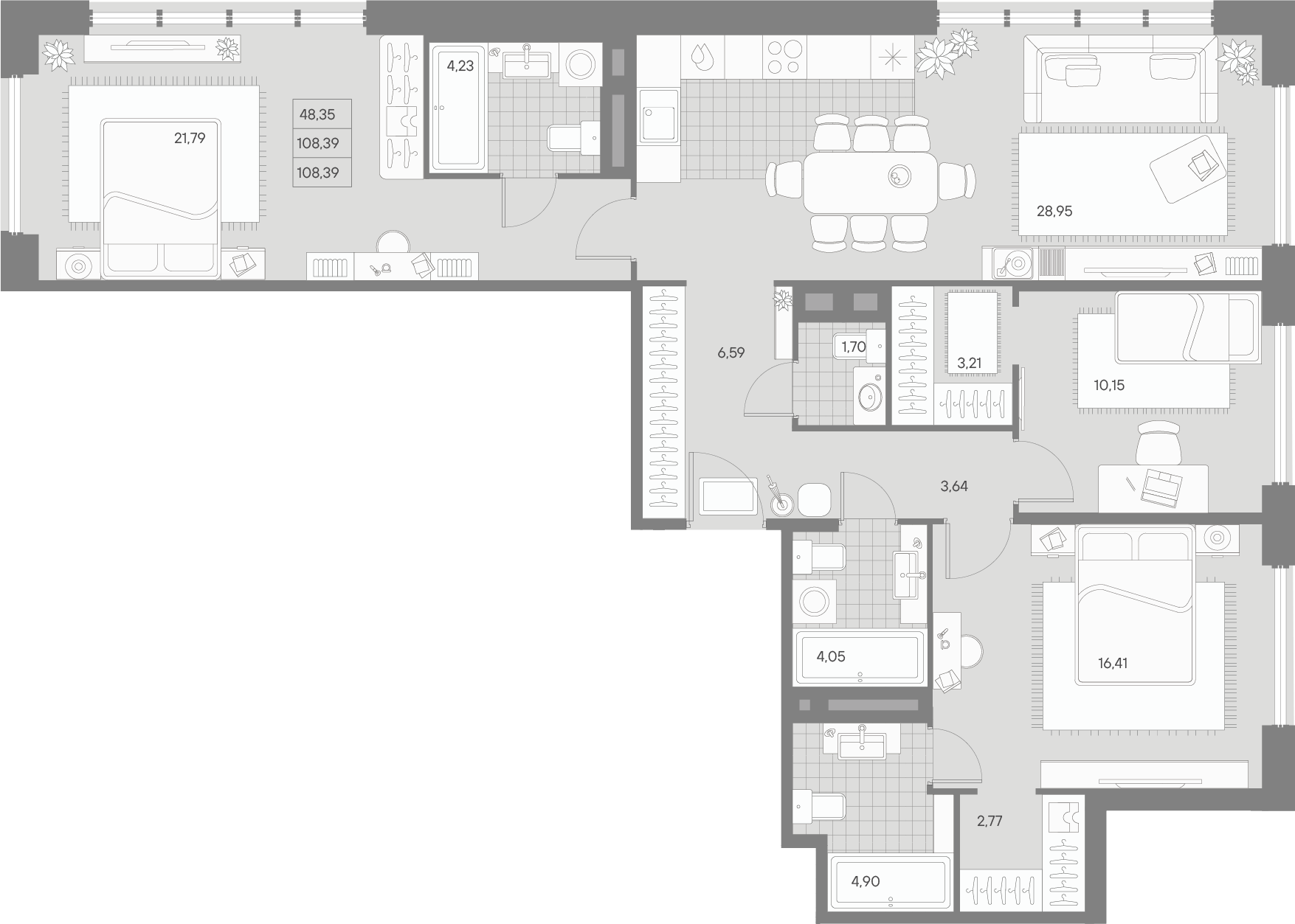 3 комн. квартира, 108.4 м², 4 этаж 