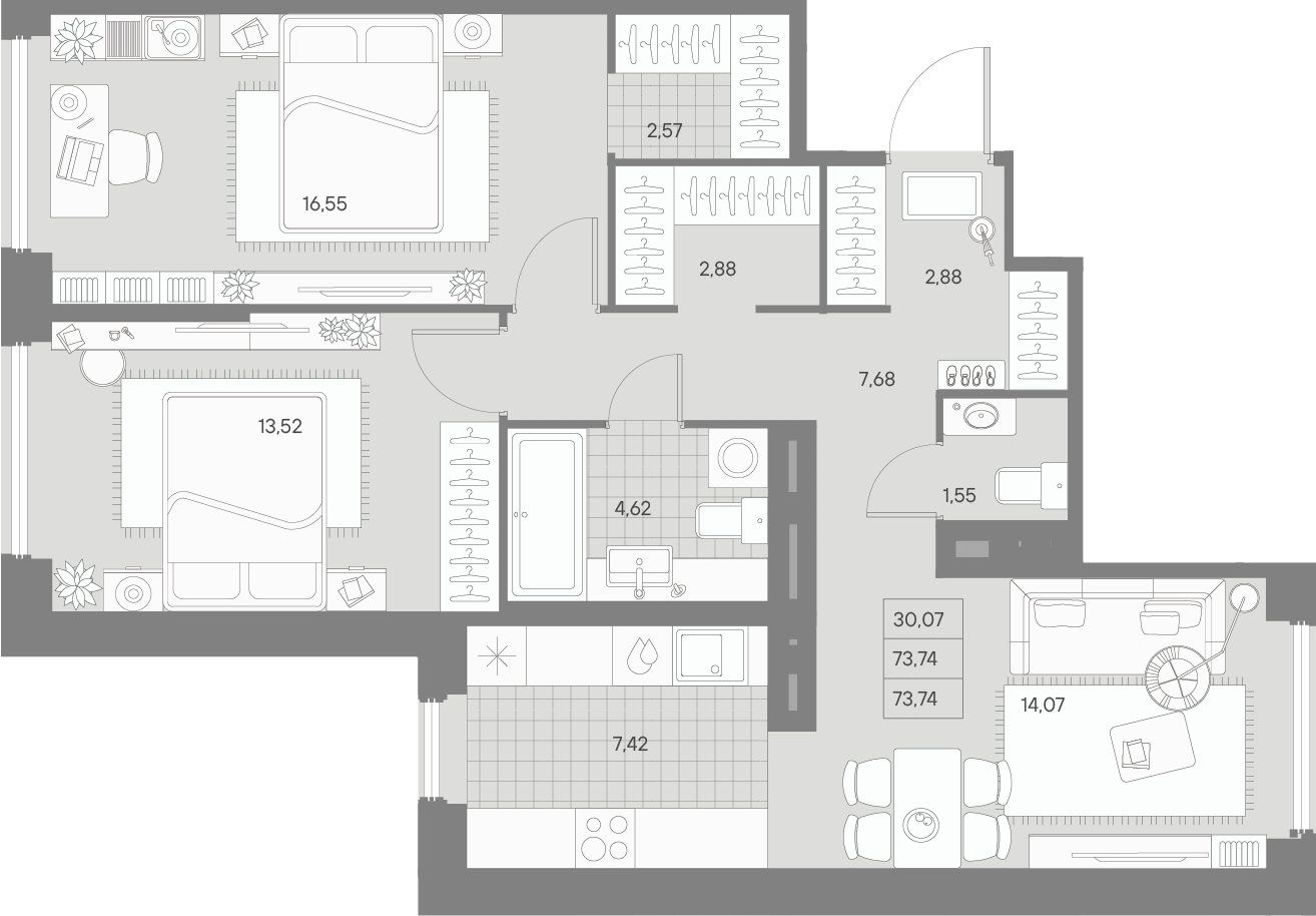2 комн. квартира, 73.7 м², 8 этаж 