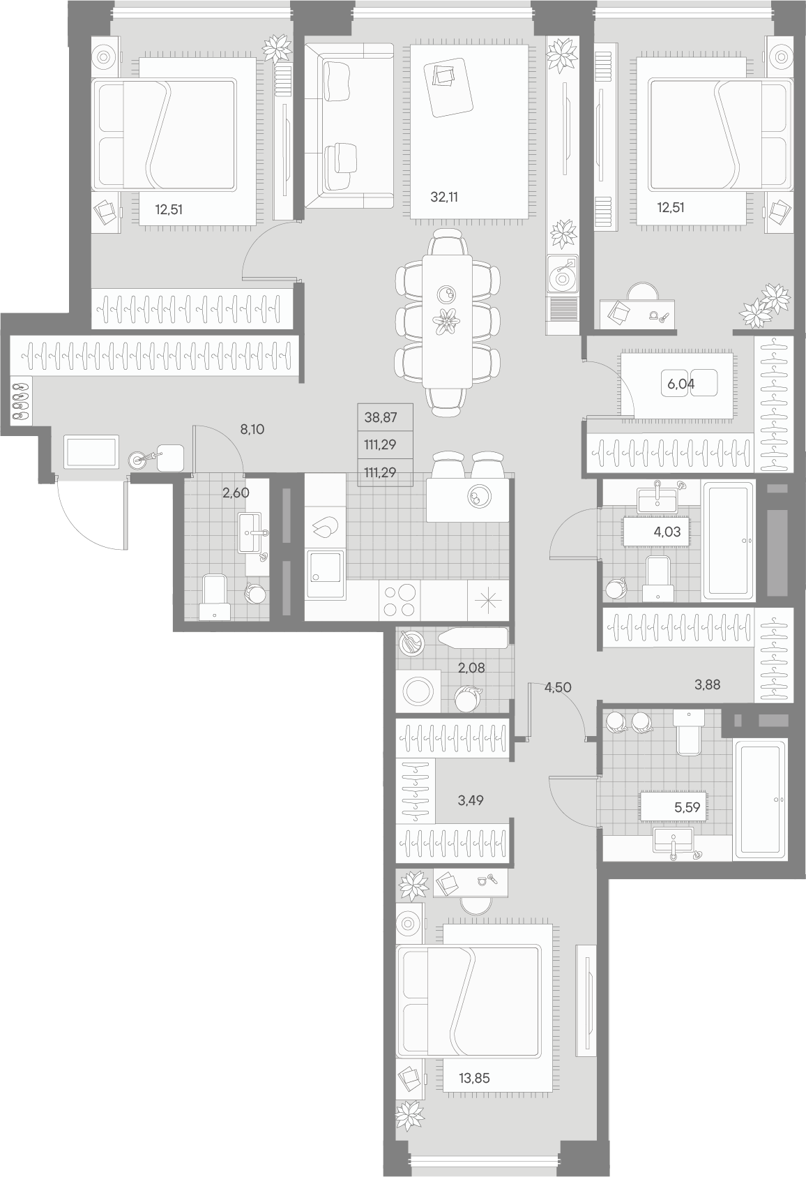 3 комн. квартира, 111.3 м², 5 этаж 