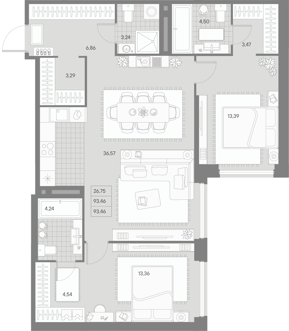 2 комн. квартира, 93.5 м², 8 этаж 