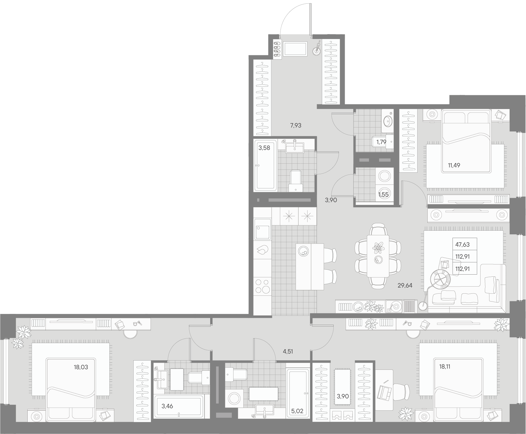 3 комн. квартира, 112.9 м², 3 этаж 