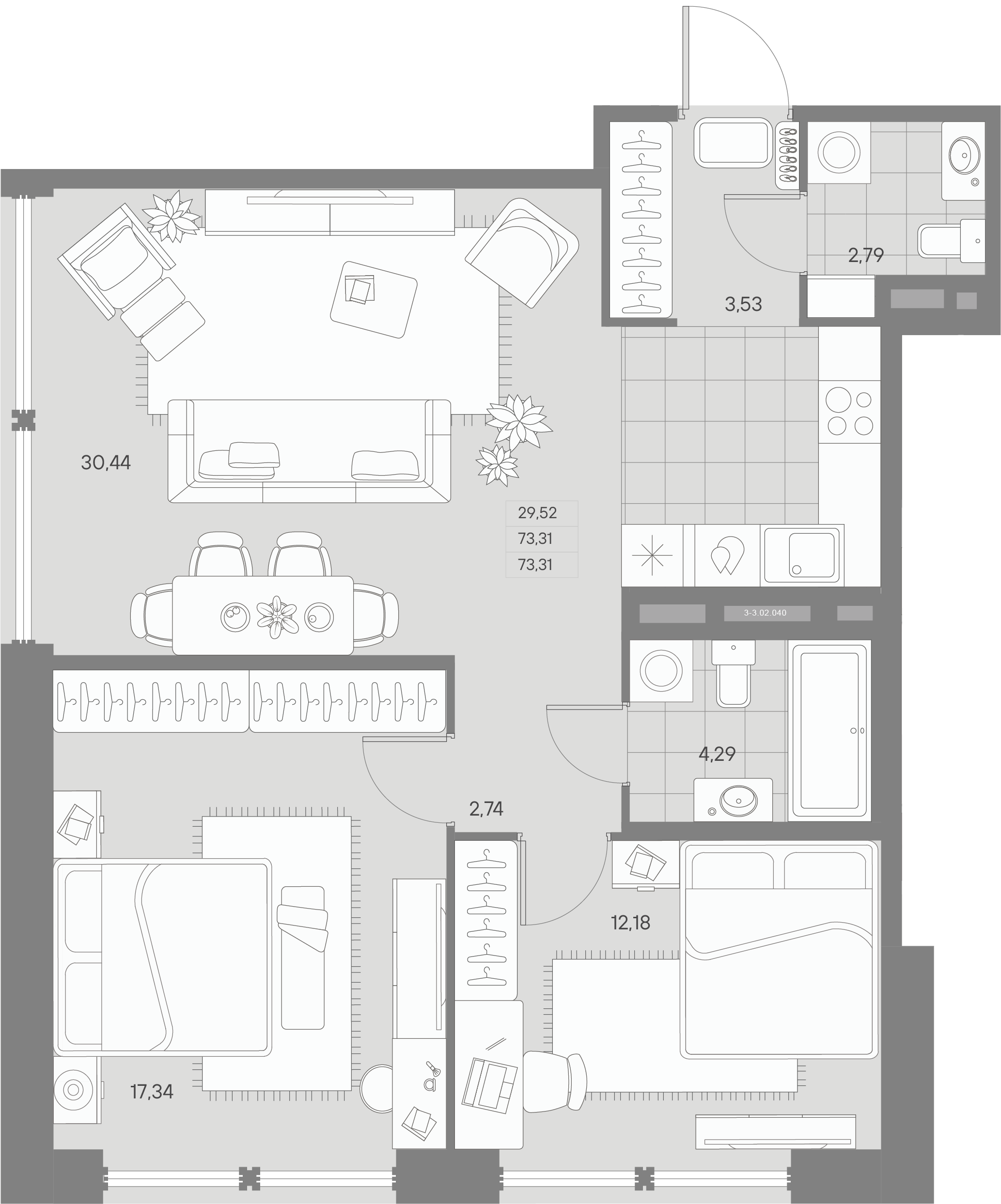 2 комн. квартира, 73.3 м², 2 этаж 