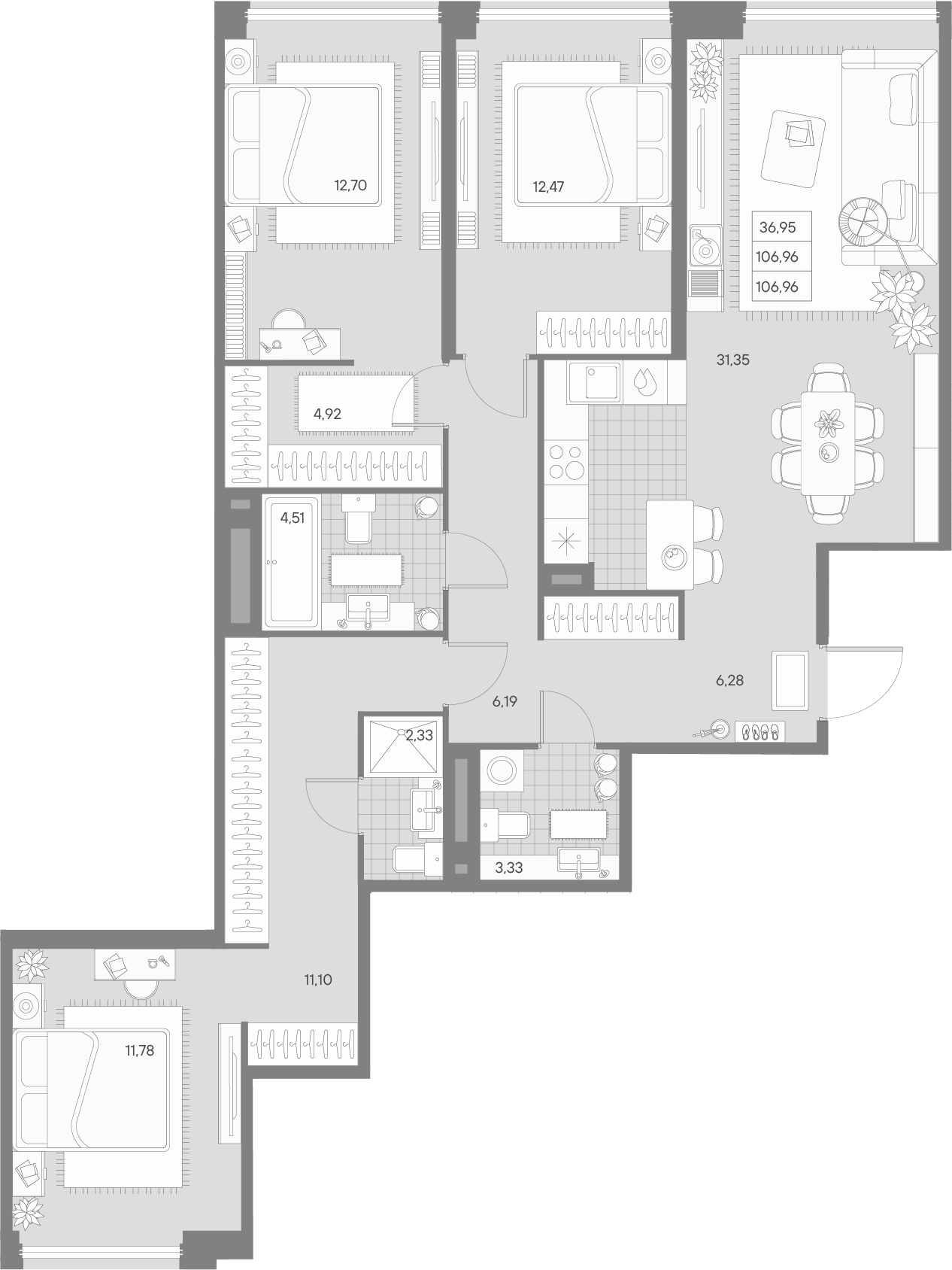 3 комн. квартира, 107 м², 3 этаж 