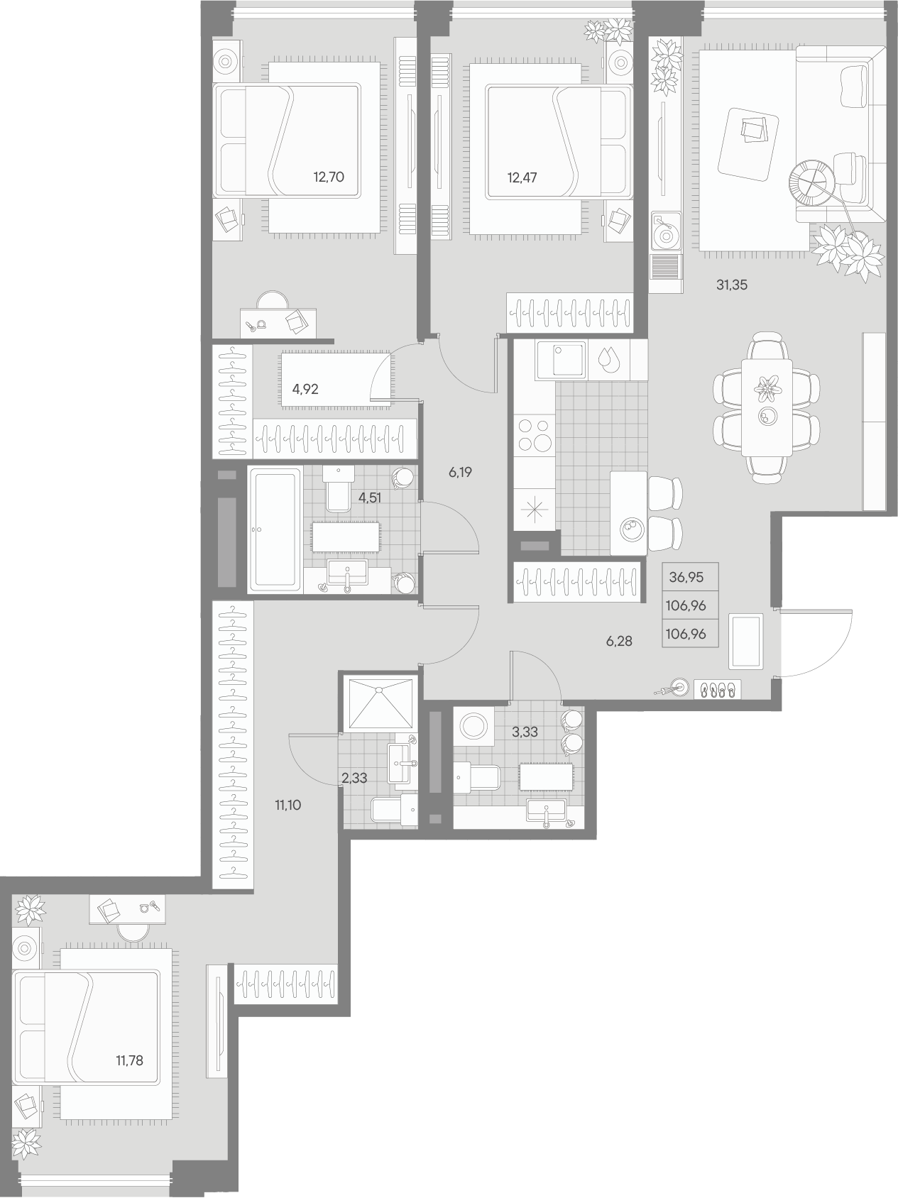 3 комн. квартира, 107 м², 4 этаж 
