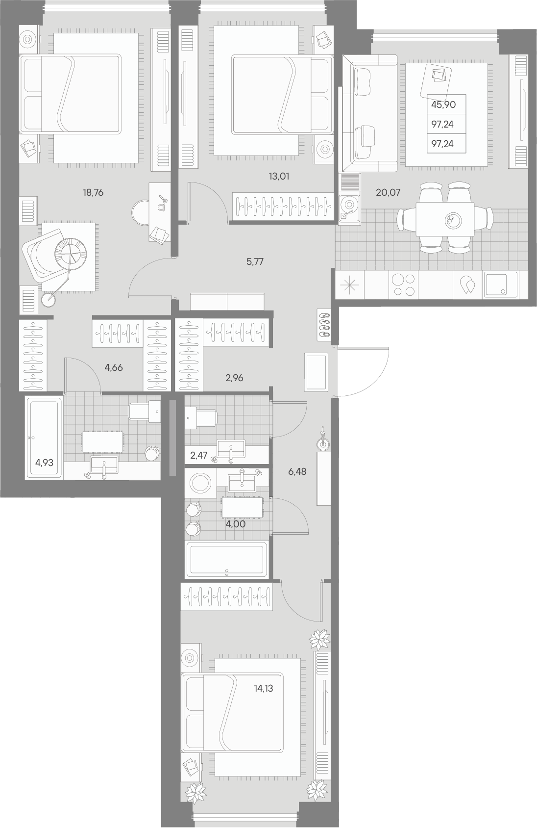 3 комн. квартира, 97.2 м², 4 этаж 