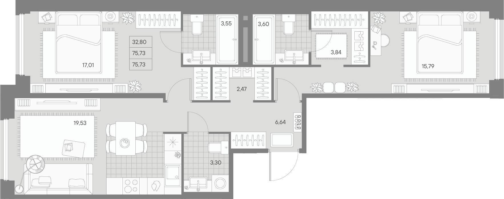 2 комн. квартира, 75.7 м², 8 этаж 