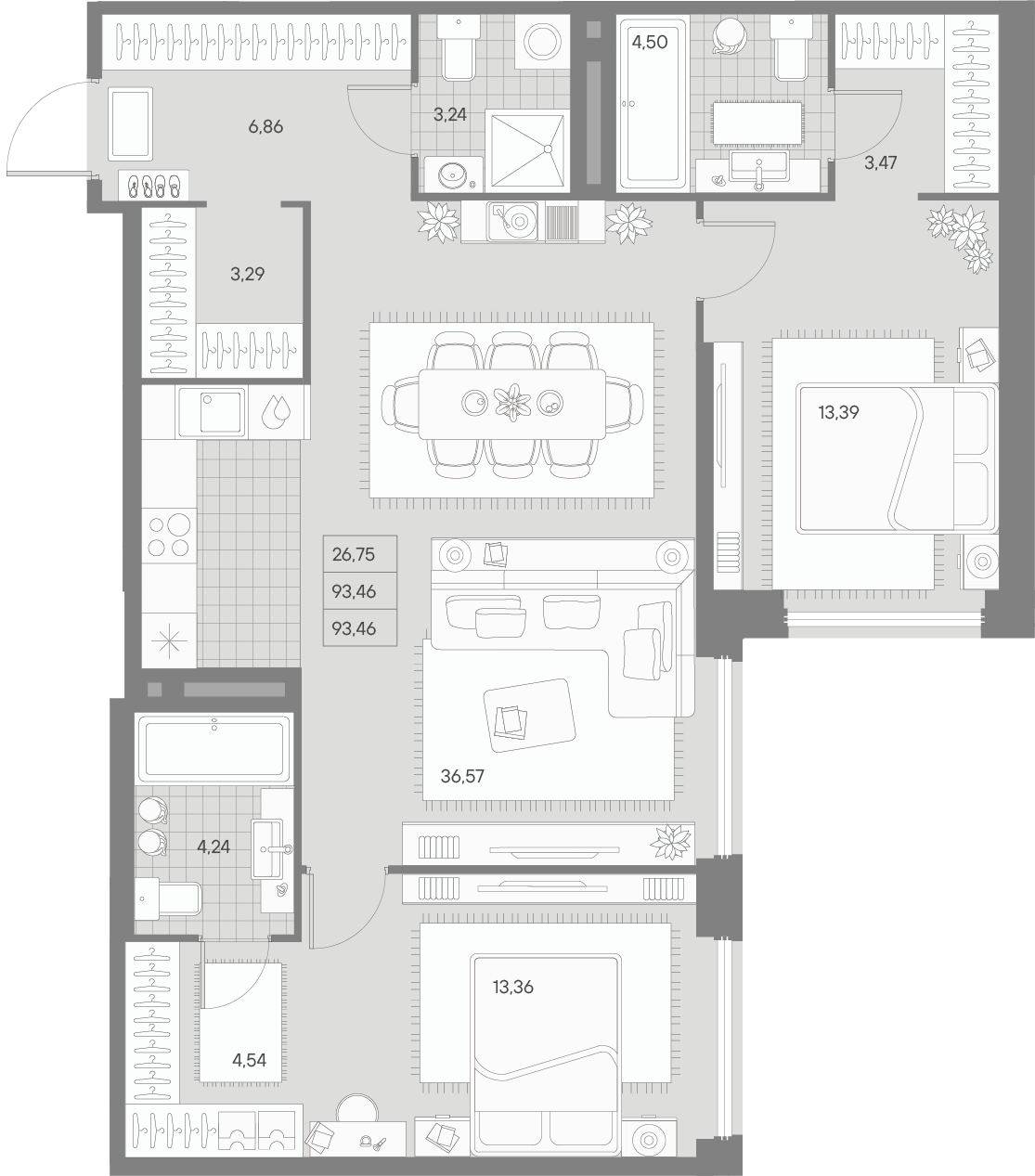 2 комн. квартира, 93.5 м², 4 этаж 