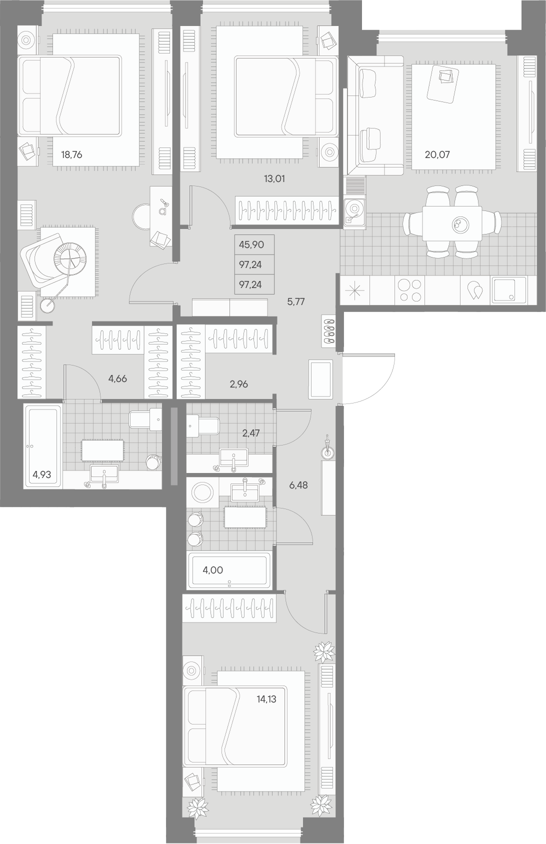 3 комн. квартира, 97.2 м², 5 этаж 