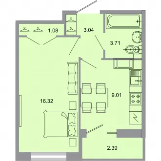1 комн. квартира, 33.4 м², 20 этаж 