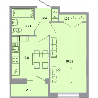 1 комн. квартира, 33.6 м², 20 этаж 