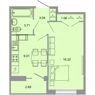 1 комн. квартира, 33.7 м², 20 этаж 