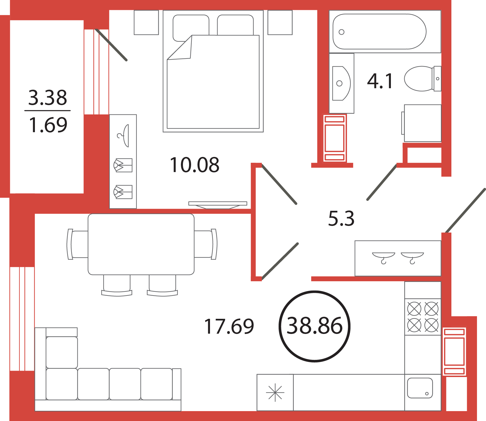 1 комн. квартира, 38.9 м², 4 этаж 