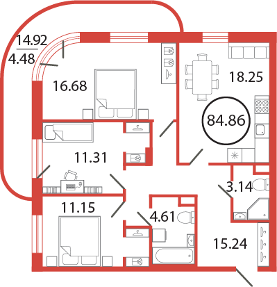 3 комн. квартира, 84.9 м², 2 этаж 
