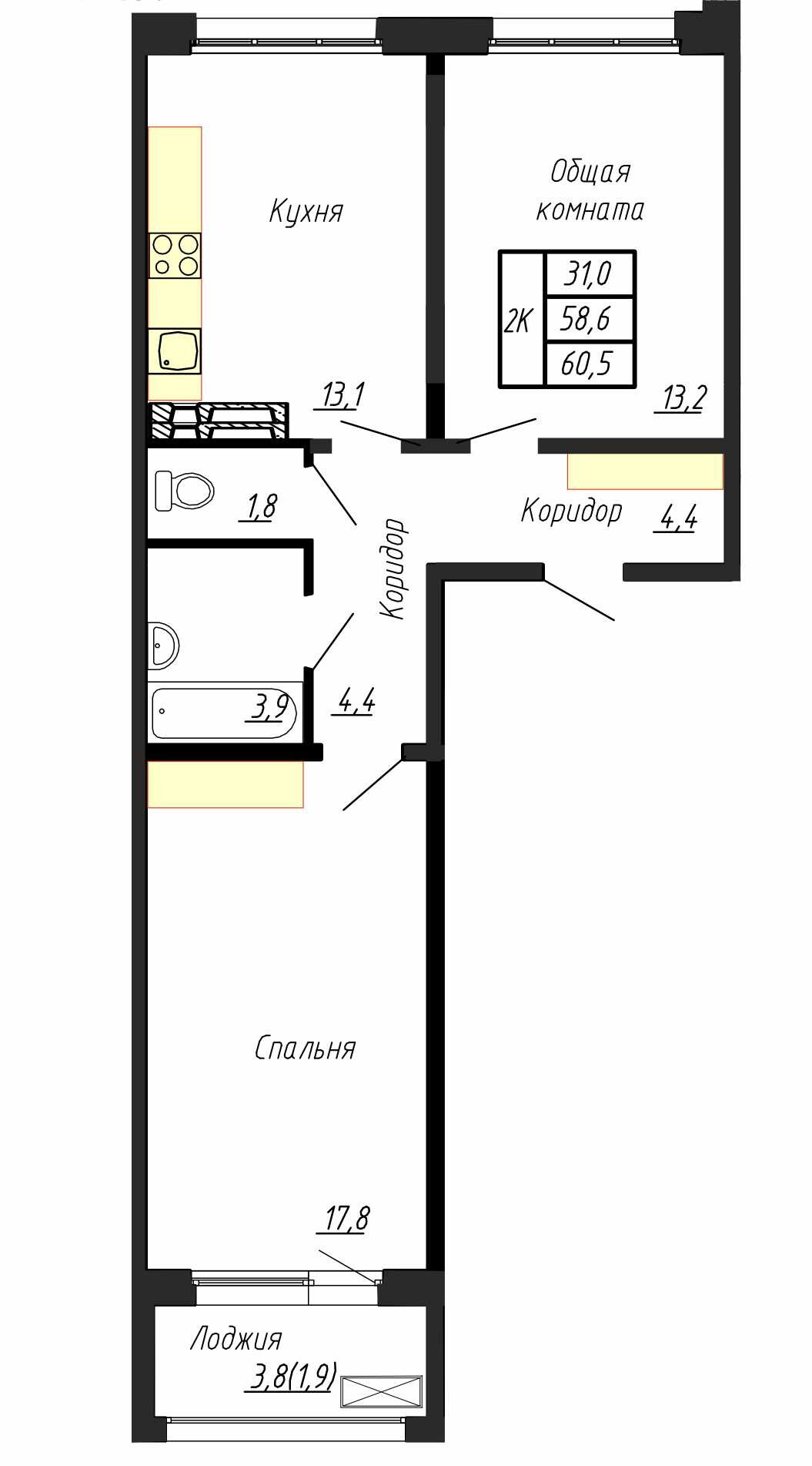 2 комн. квартира, 60 м², 10 этаж 