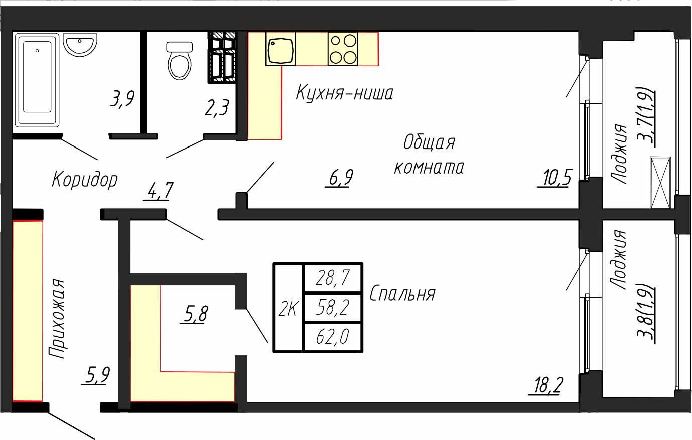 2 комн. квартира, 62 м², 4 этаж 